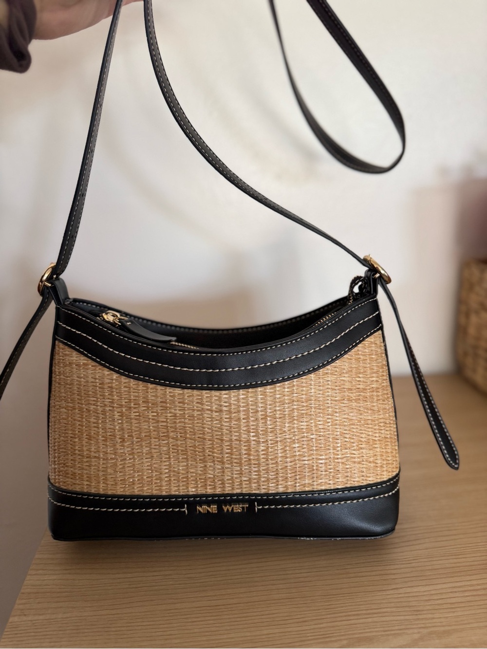 Nine West Black and Natural Woven Crossbody Bag